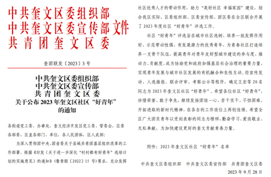 祝賀我司李曉旭被評選為2023 年奎文區(qū)社區(qū)“好青年”